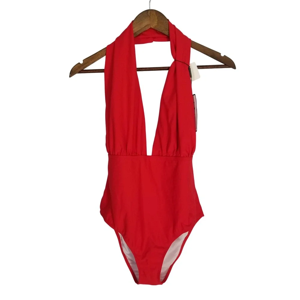 Retro Stage Red Halter One Piece Swimsuit Plunge V-Neck Ruched Waist Large‎ NEW
